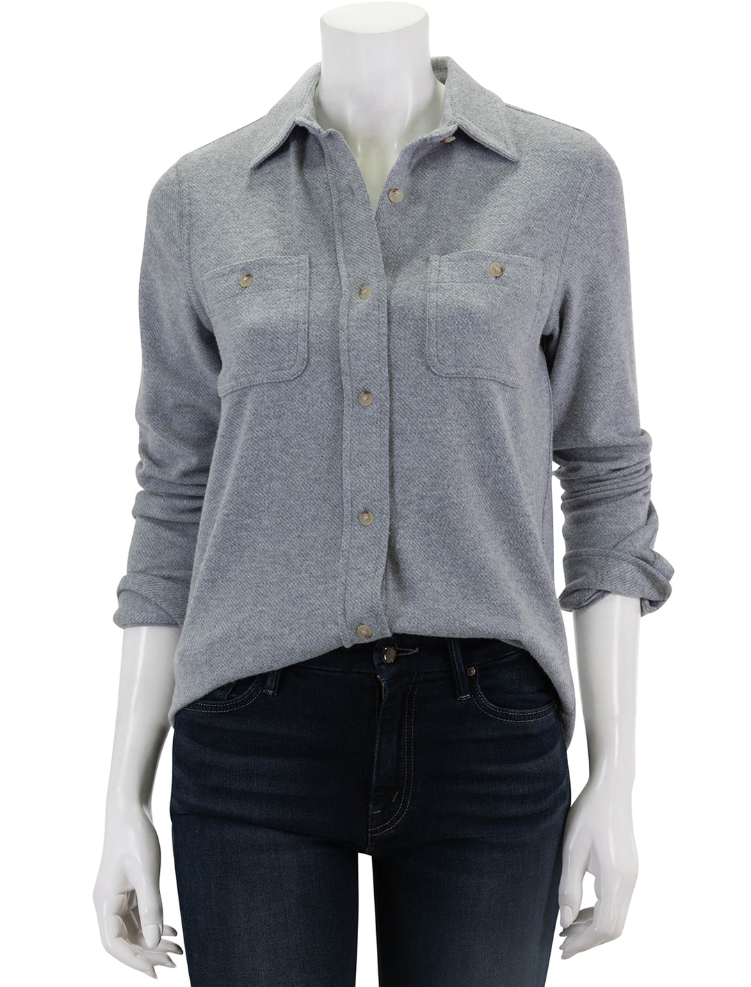 Front view of Faherty's legend sweater shirt in fossil grey twill.