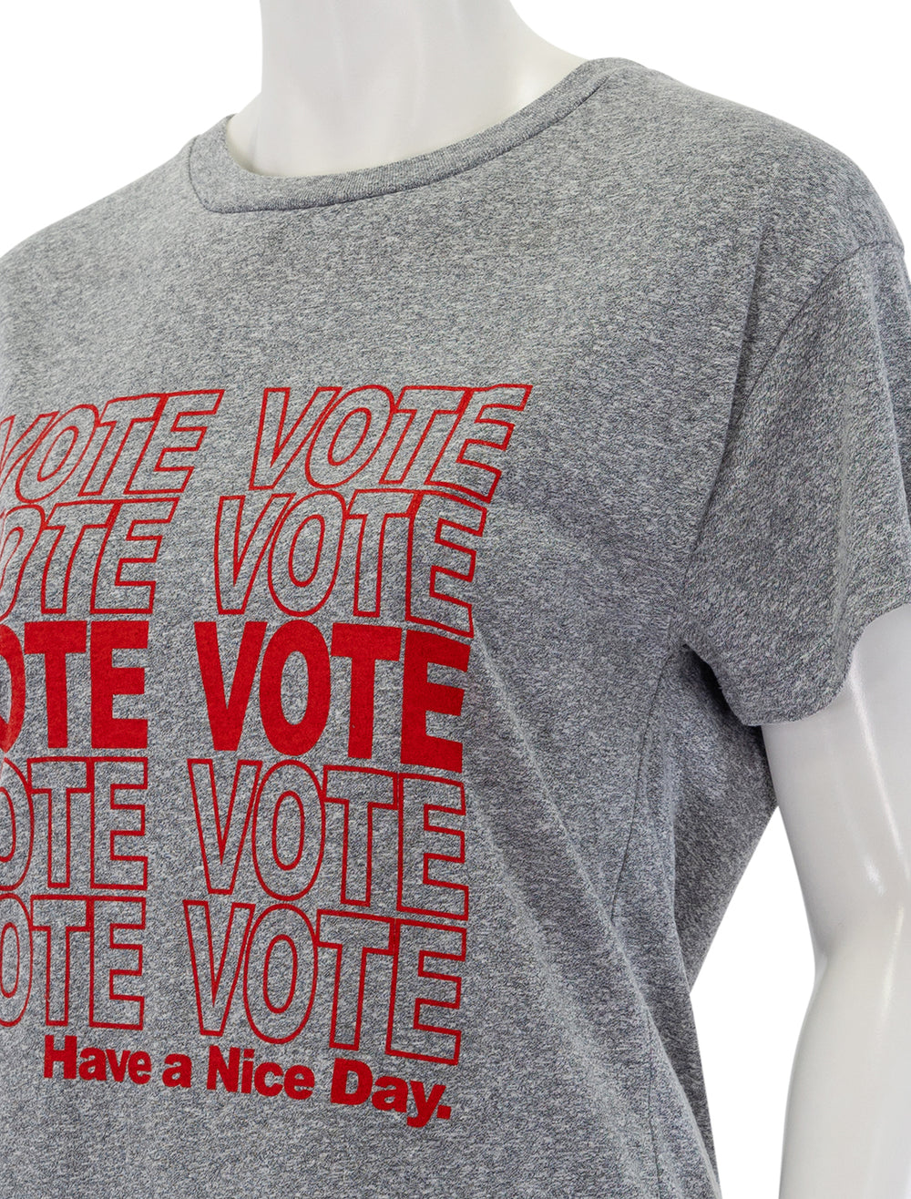 Close-up view of self contrast's cherie vote tee.