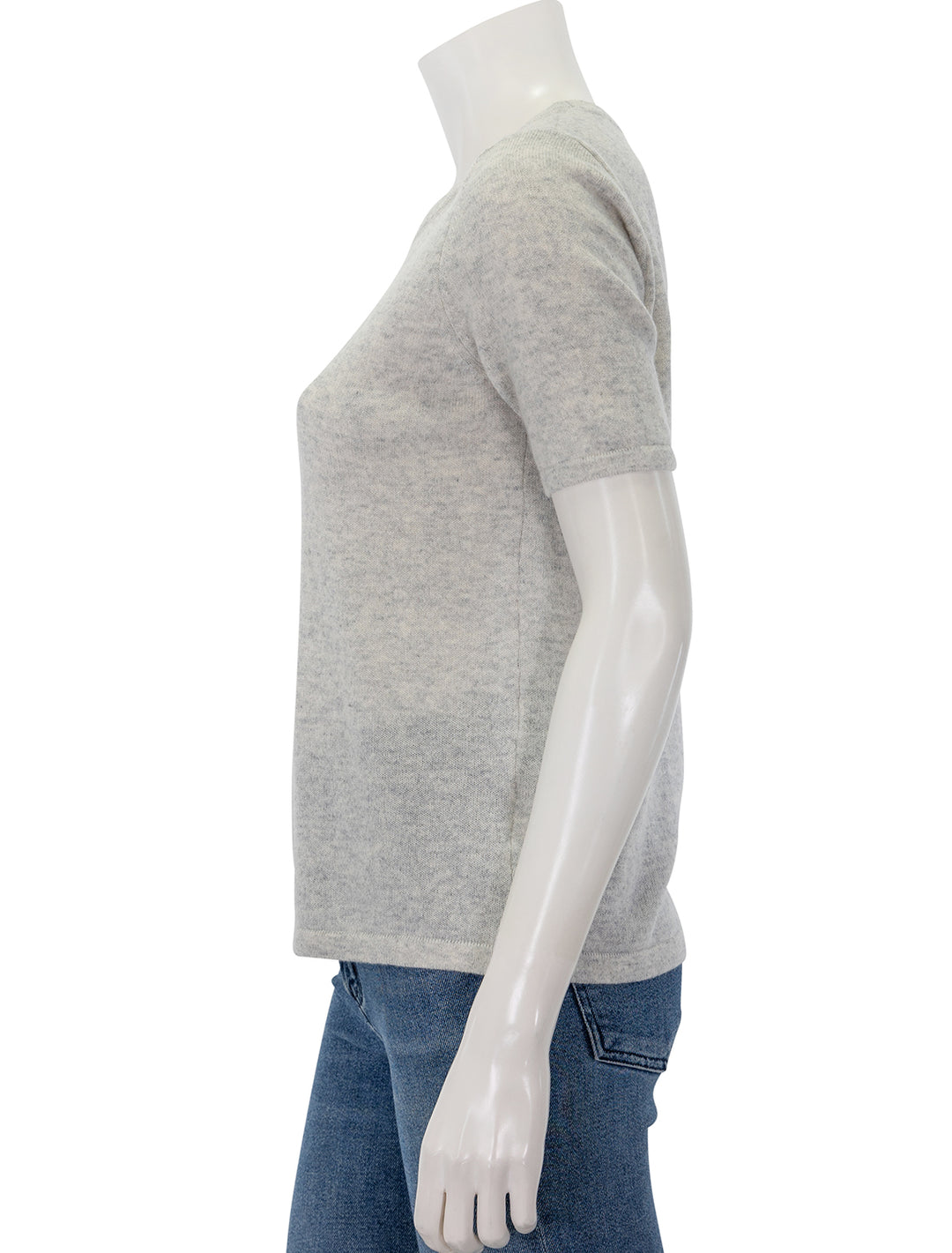 Side view of Self Contrast's brea cashmere tee in light heather.