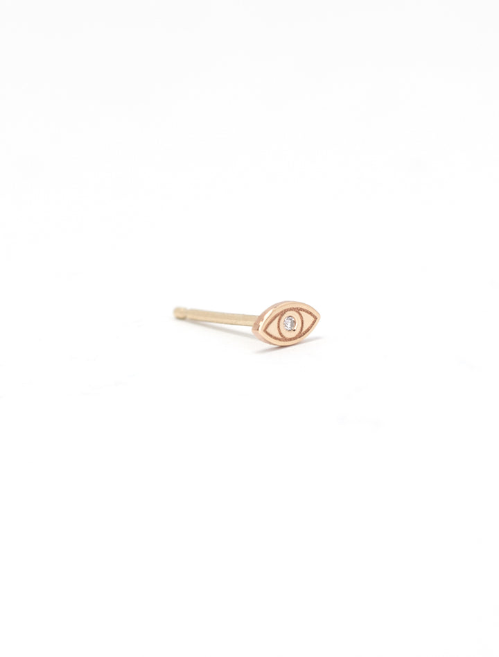 Front angle view of Zoe Chicco's 14k itty bitty evil eye stud - single.