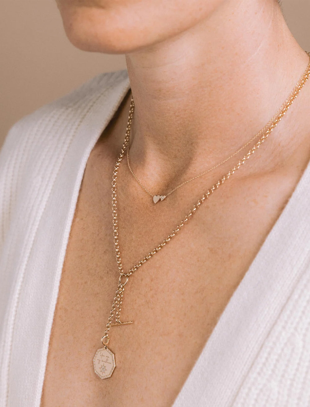 Model wearing Zoe Chicco's 14k mixed midi & itty bitty pave diamond heart necklace | 16-17-18".