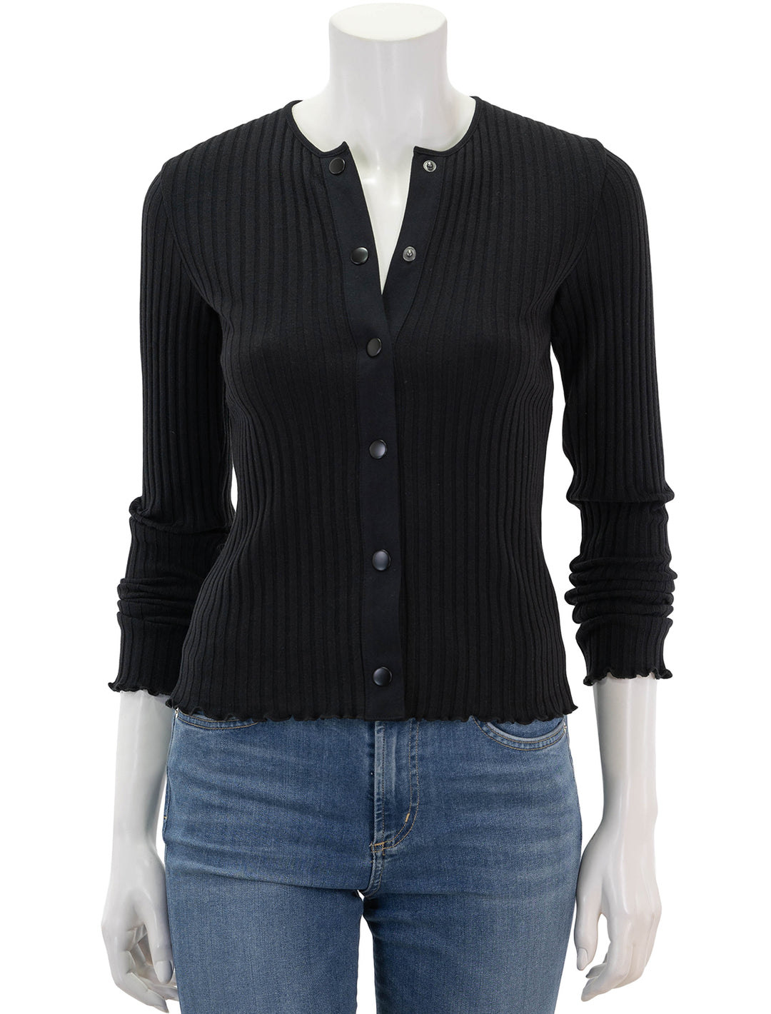 Front view of Vince's ribbed cardigan in black.