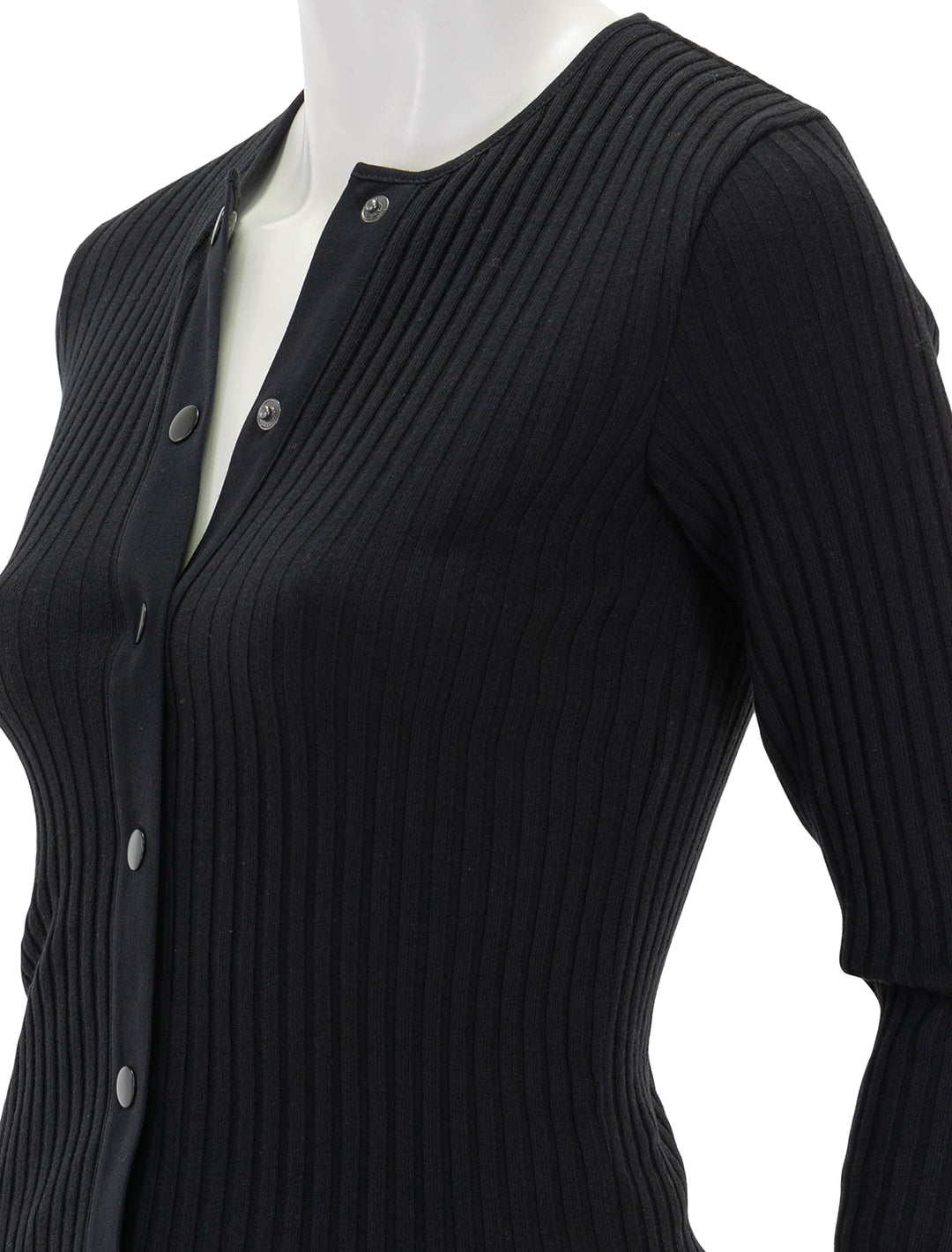 Close-up view of Vince's ribbed cardigan in black.