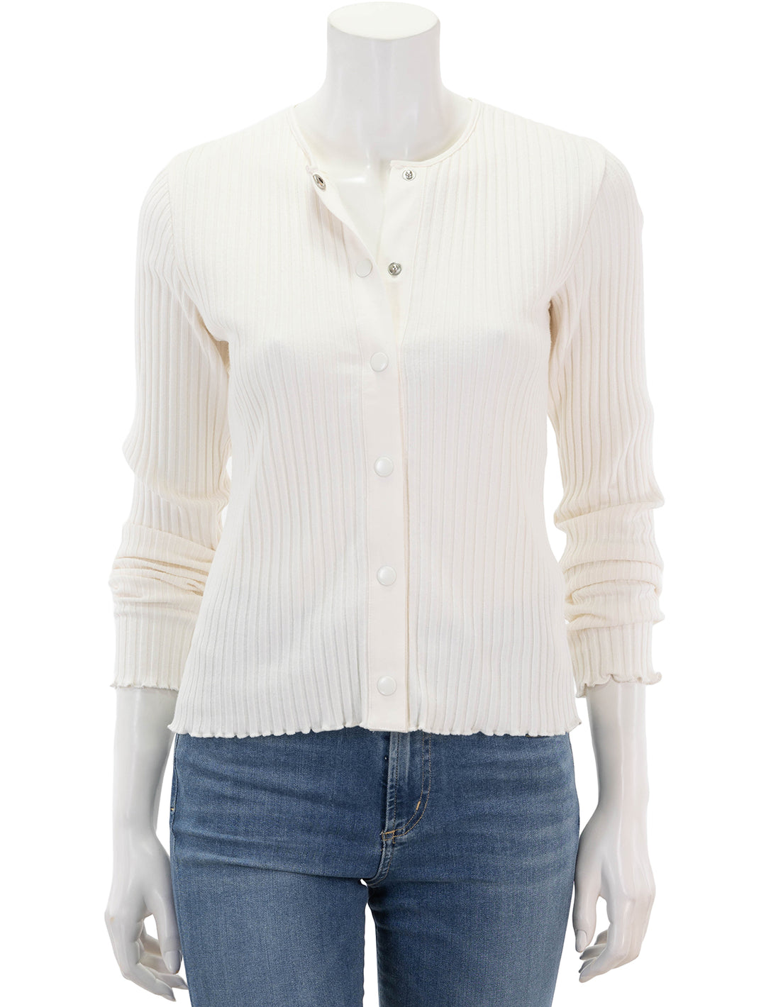Front view of Vince's ribbed cardigan in off white.