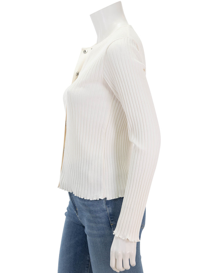 Side view of Vince's ribbed cardigan in off white.
