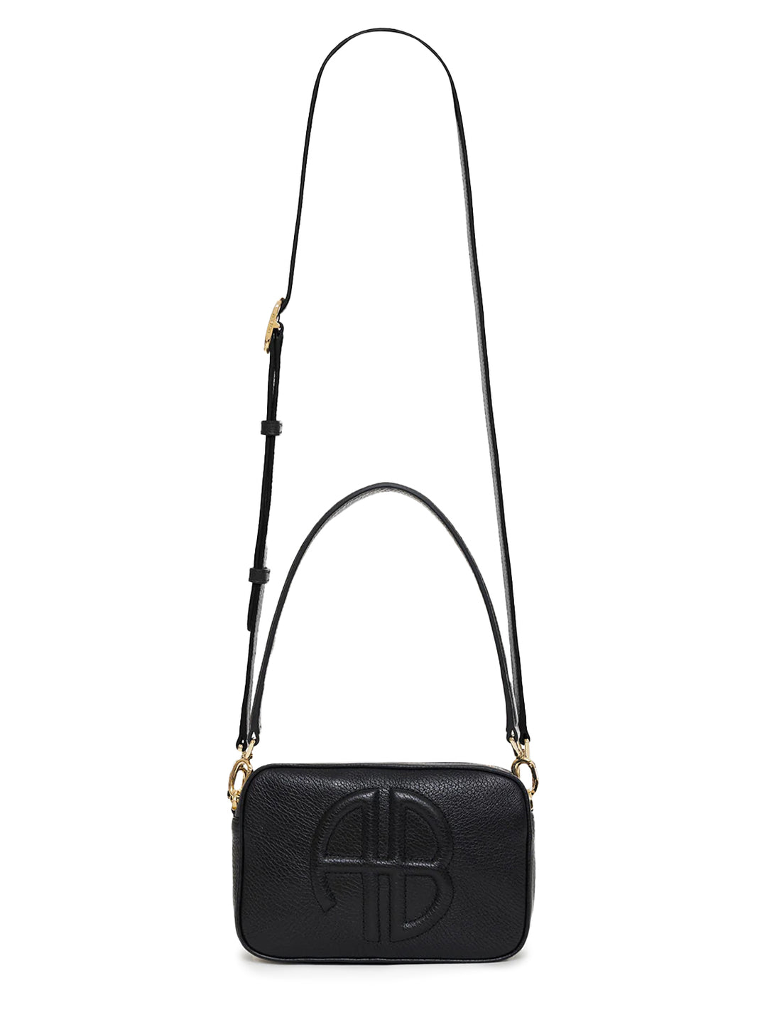 Front view of Anine Bing's lili crossbody in black pebblegrain with shoulder strap extended.