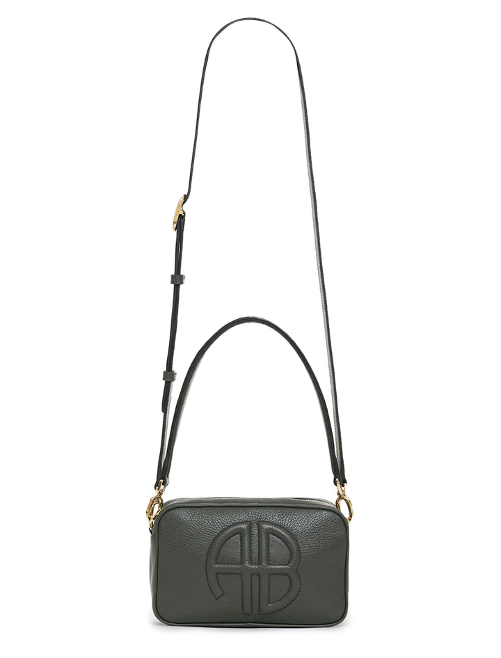 Front view of Anine Bing's lili crossbody in dusty green pebblegrain with shoulder strap extended.