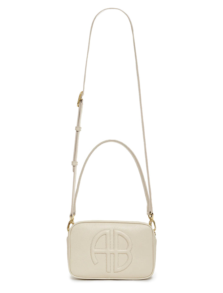 Front view of Anine Bing's lili crossbody in sand pebblegrain with shoulder strap extended.