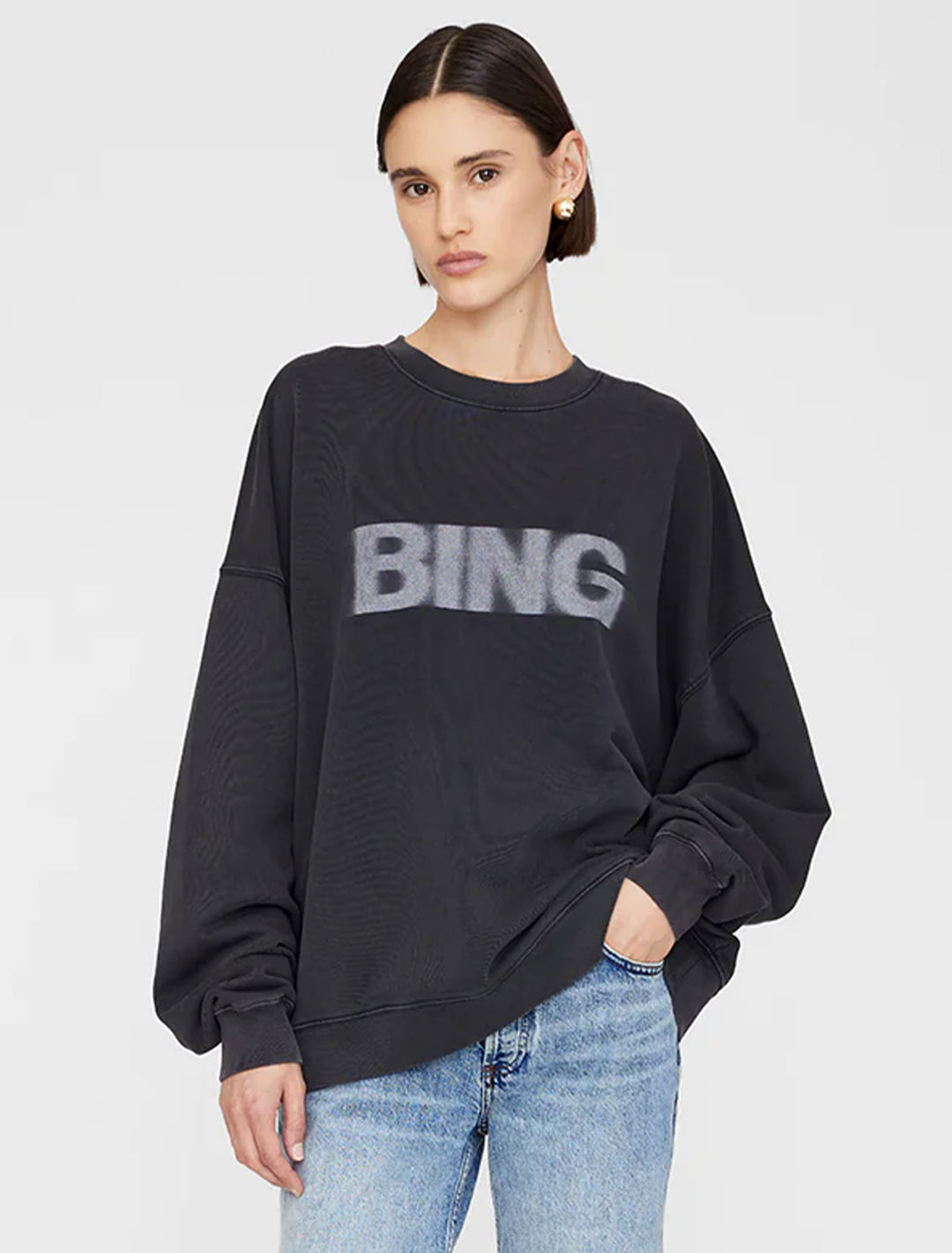 Model wearing Anine Bing's miles blur sweatshirt in vintage black.