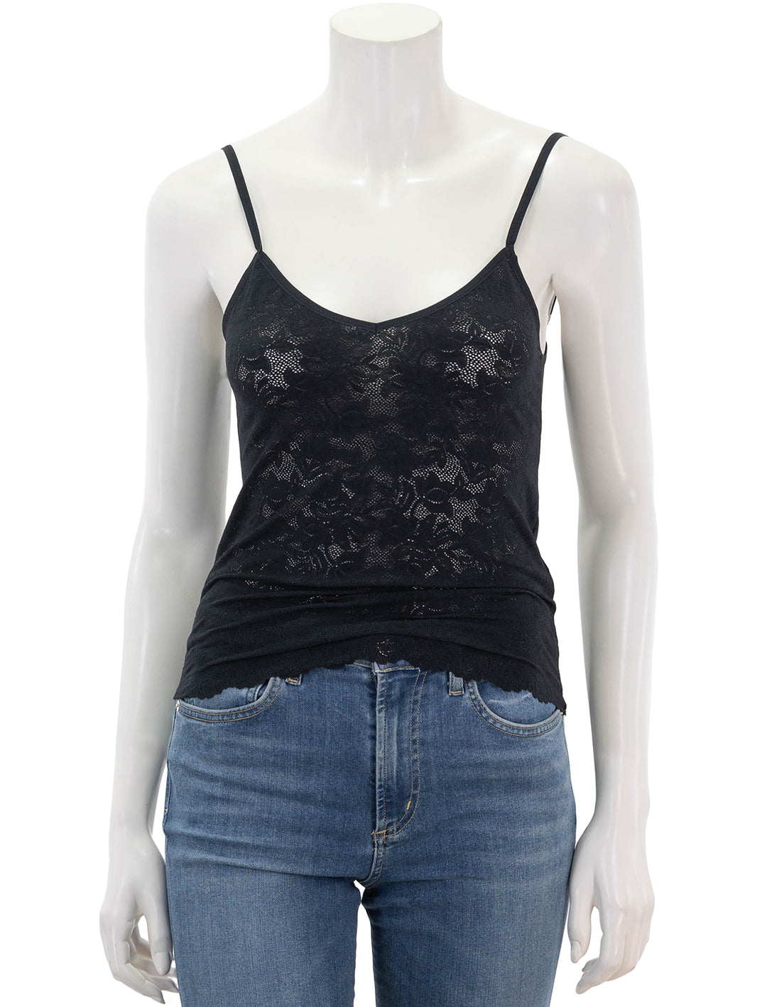 Front view of Eberjey's soft stretch recycled lace cami in black.