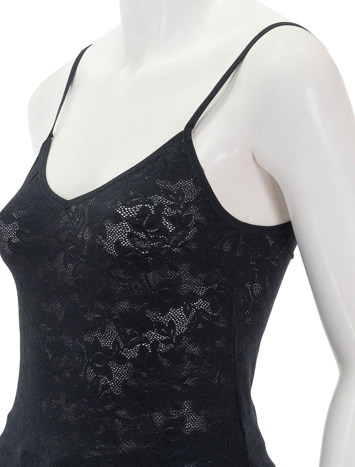 Close-up view of Eberjey's soft stretch recycled lace cami in black.