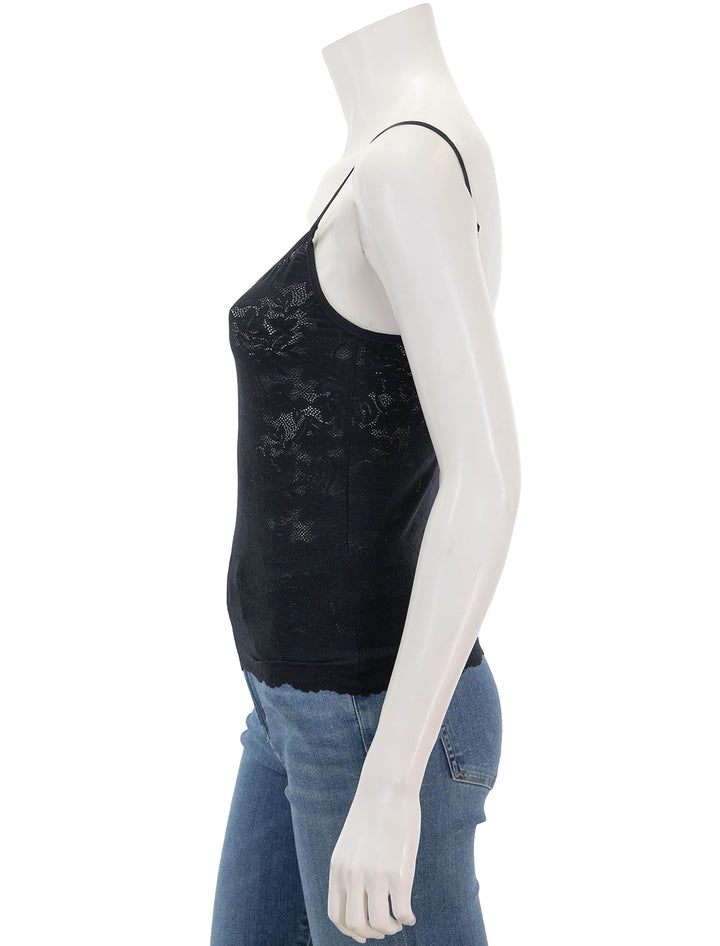 Side view of Eberjey's soft stretch recycled lace cami in black.