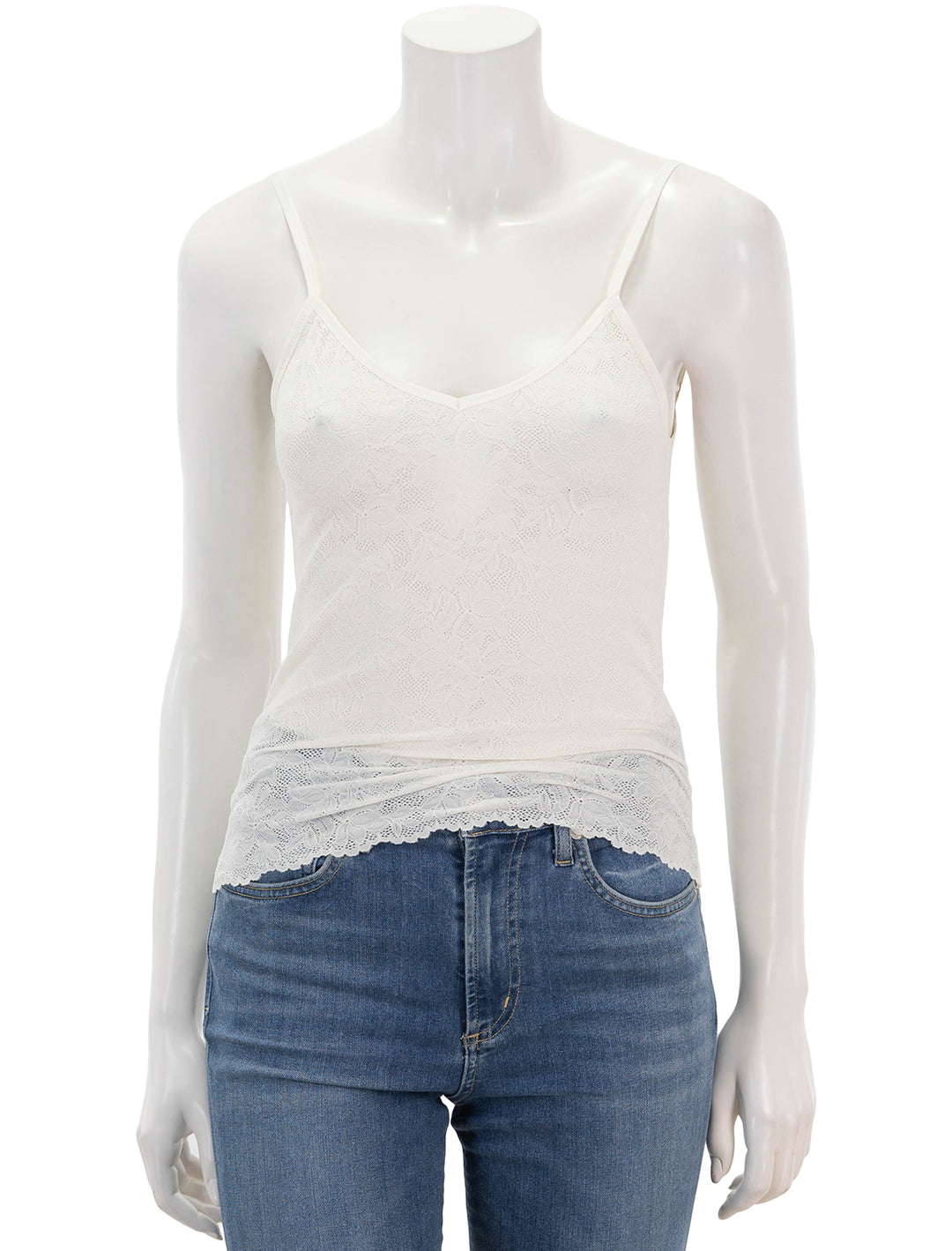 Front view of Eberjey's soft stretch recycled lace cami in ivory.