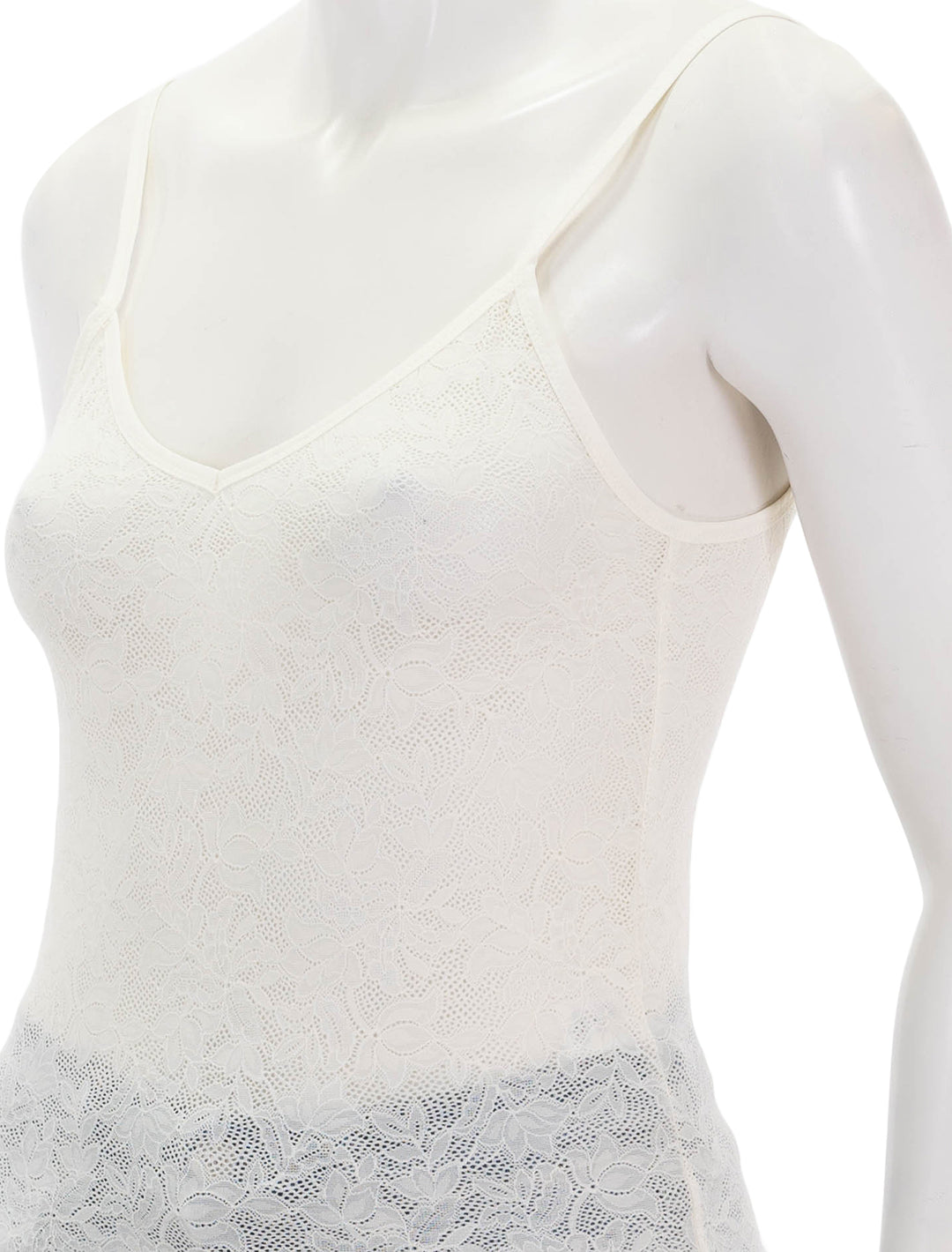 Close-up view of Eberjey's soft stretch recycled lace cami in ivory.