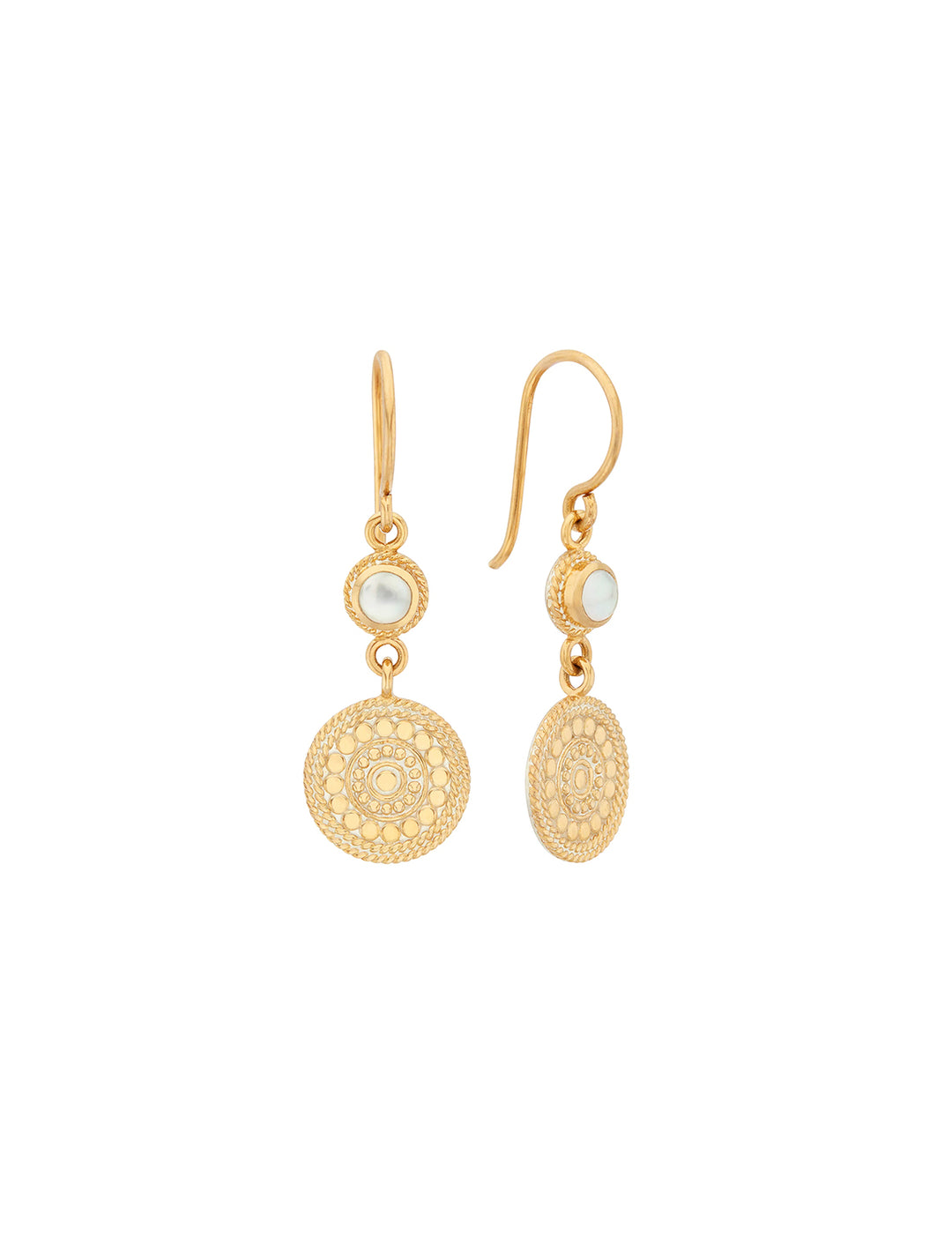 Front view of Anna Beck's mother of pearl and disc drop earrings in gold.