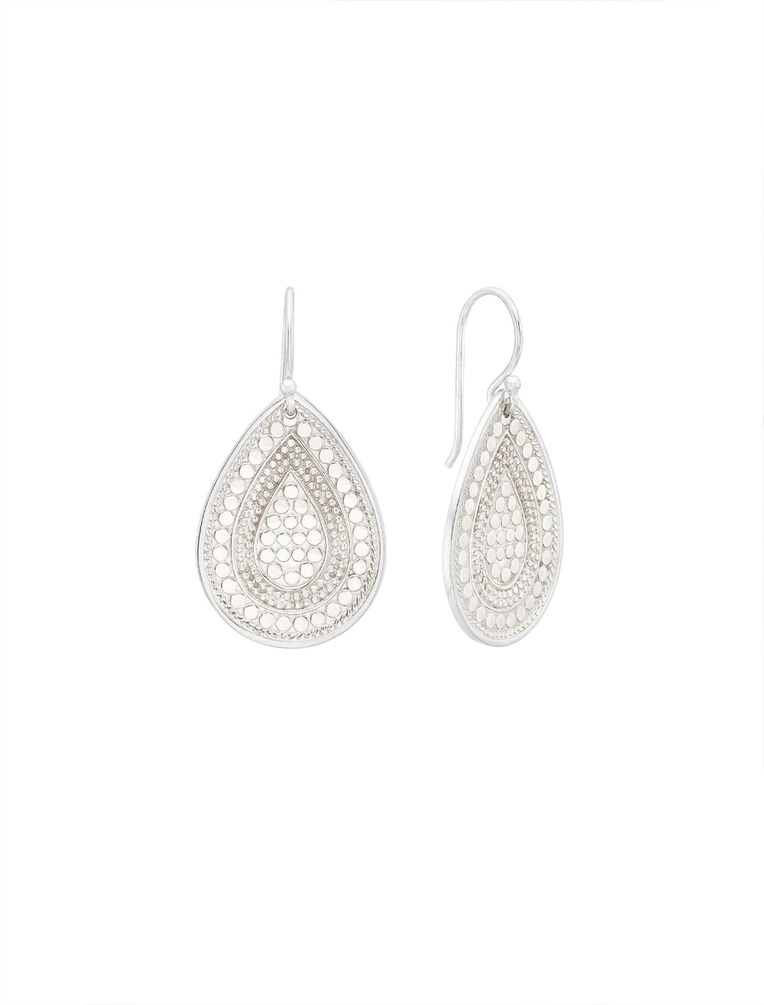 Front view of Anna Beck's beaded teardrop earrings in silver.