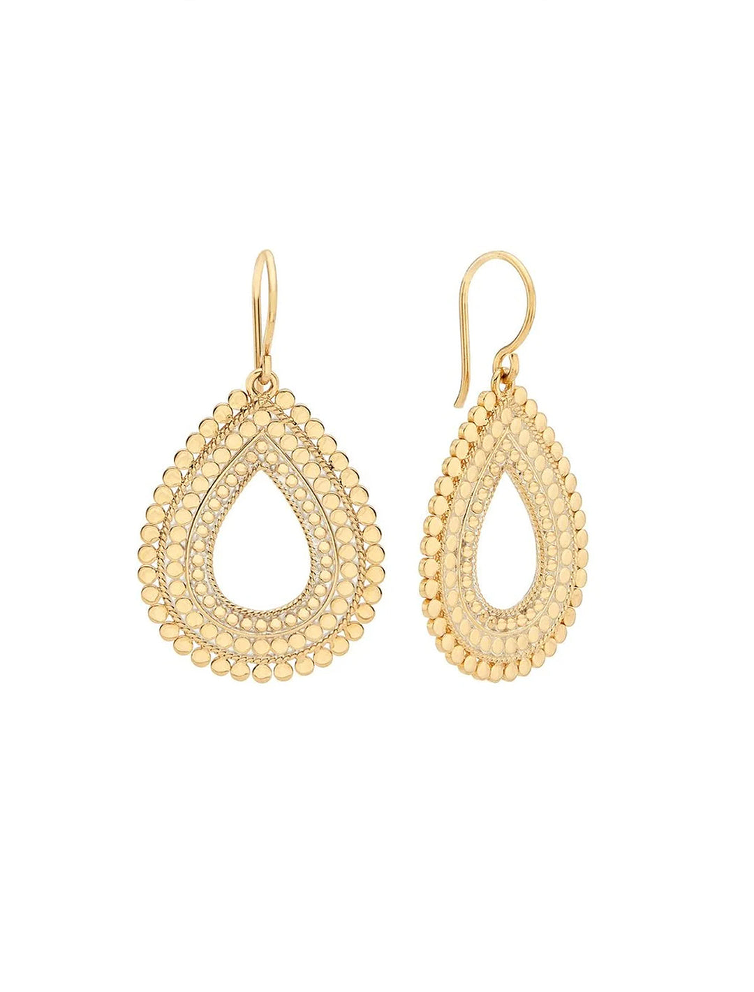 Front view of Anna Beck's large scalloped open drop earrings in gold.