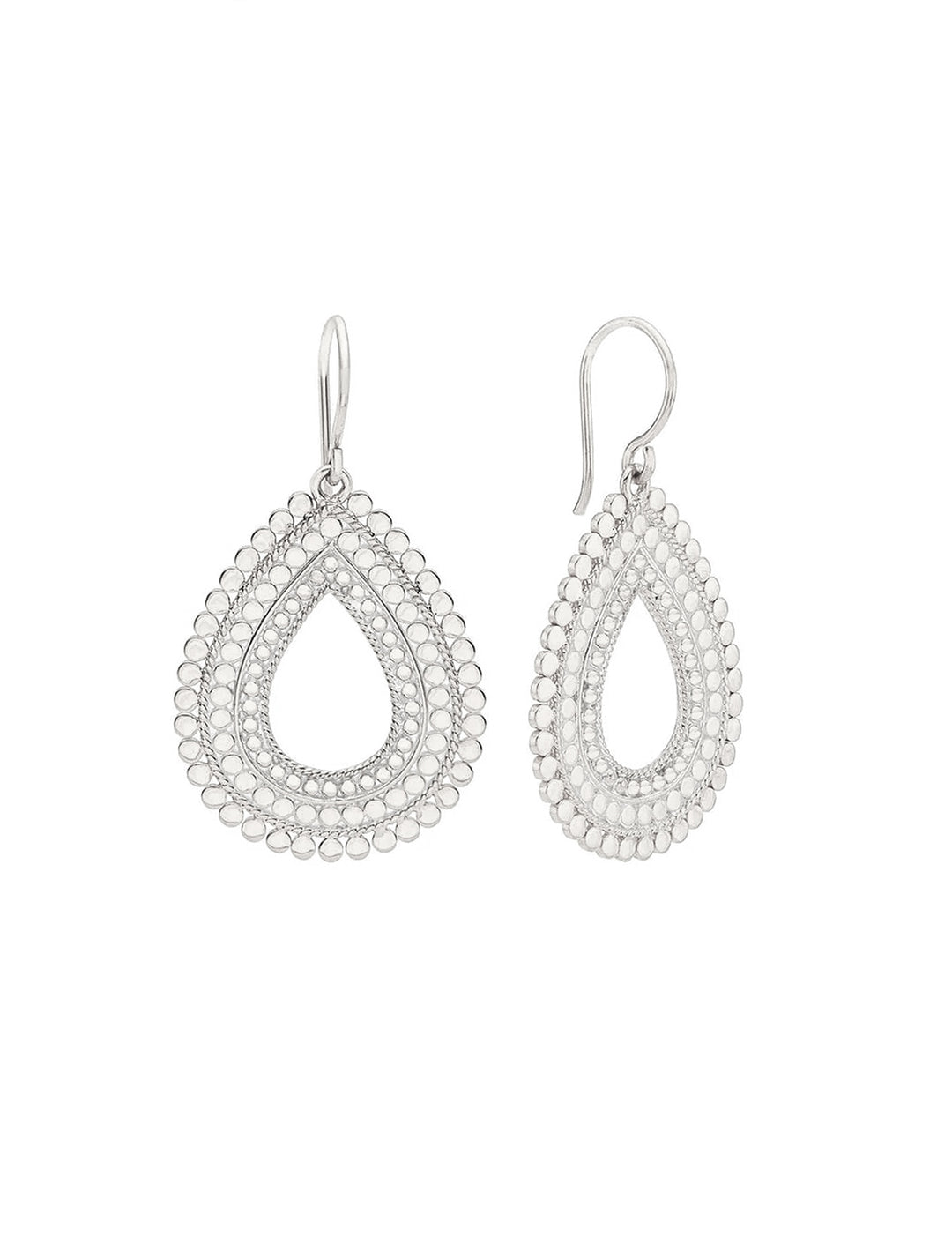 Front view of Anna Beck's large scalloped open drop earrings in silver.