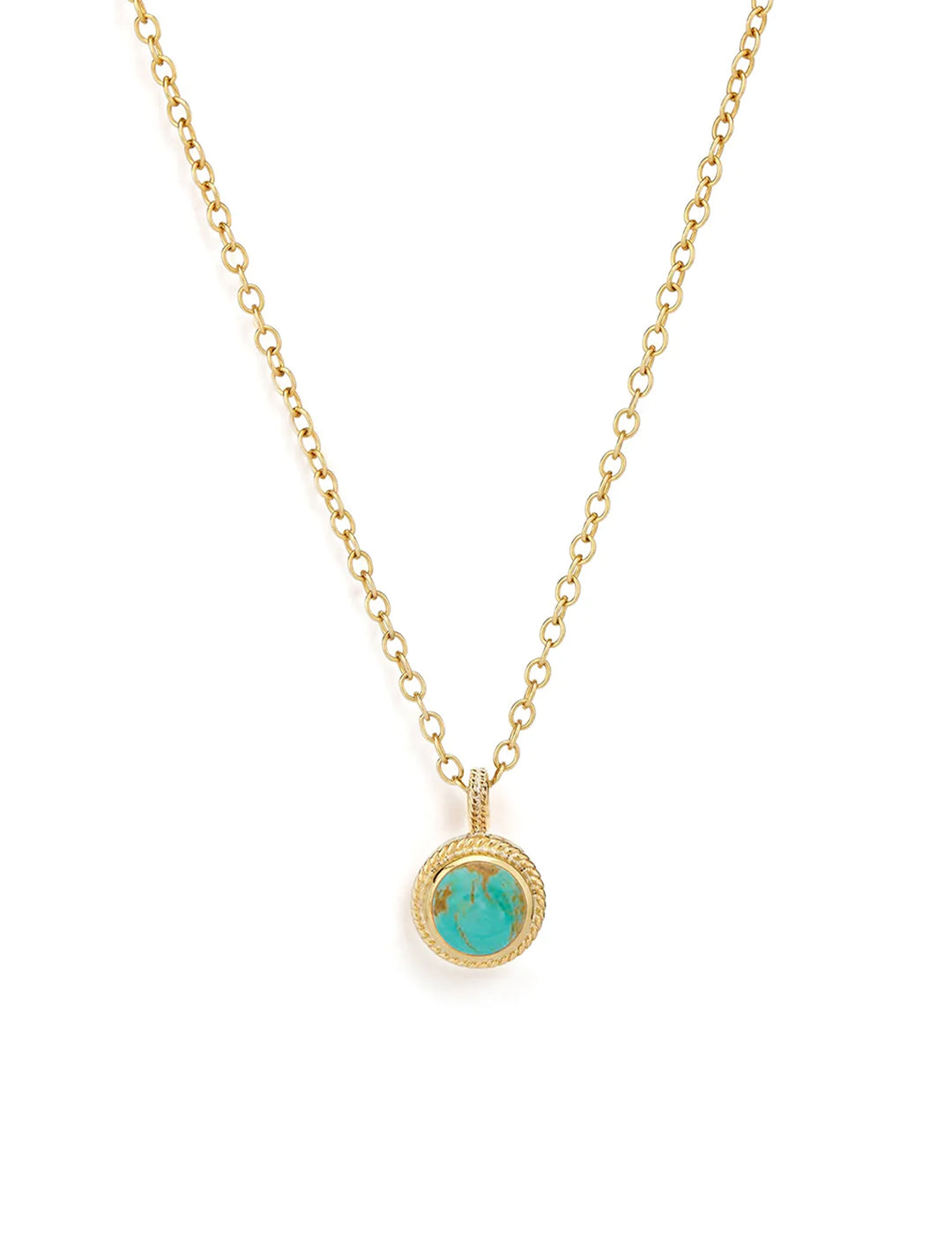 Anna Beck's turquoise circle drop necklace in gold.