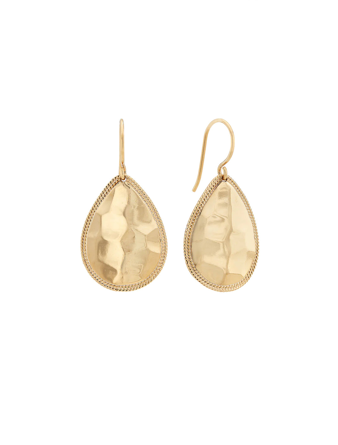 Front view of Anna Beck's medium hammered teardrop earrings in gold.