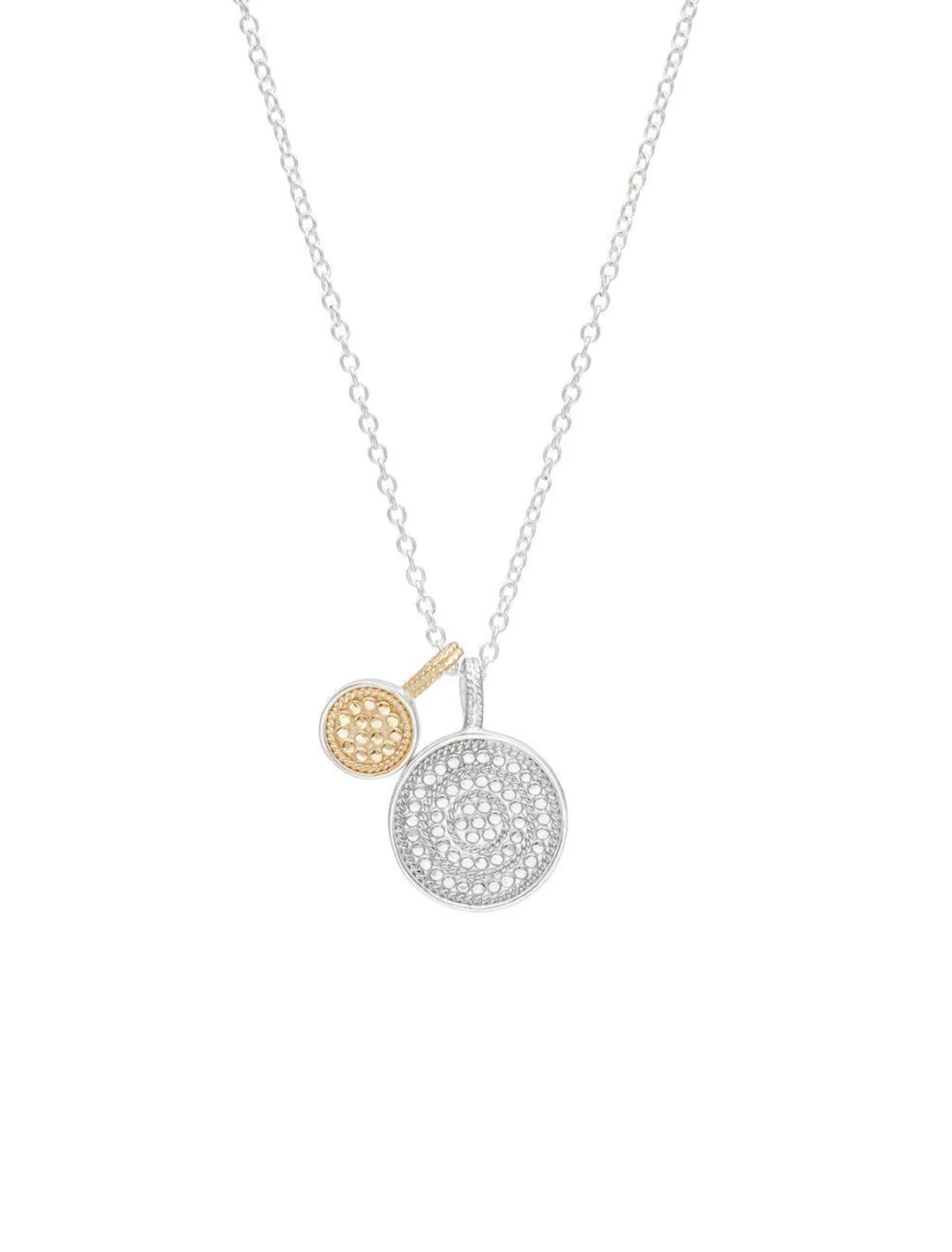 Front view of Anna Beck's two tone circle of life dual divided disc charity necklace.
