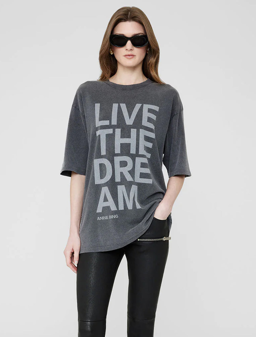 Model wearing Anine Bing's cason tee live the dream.