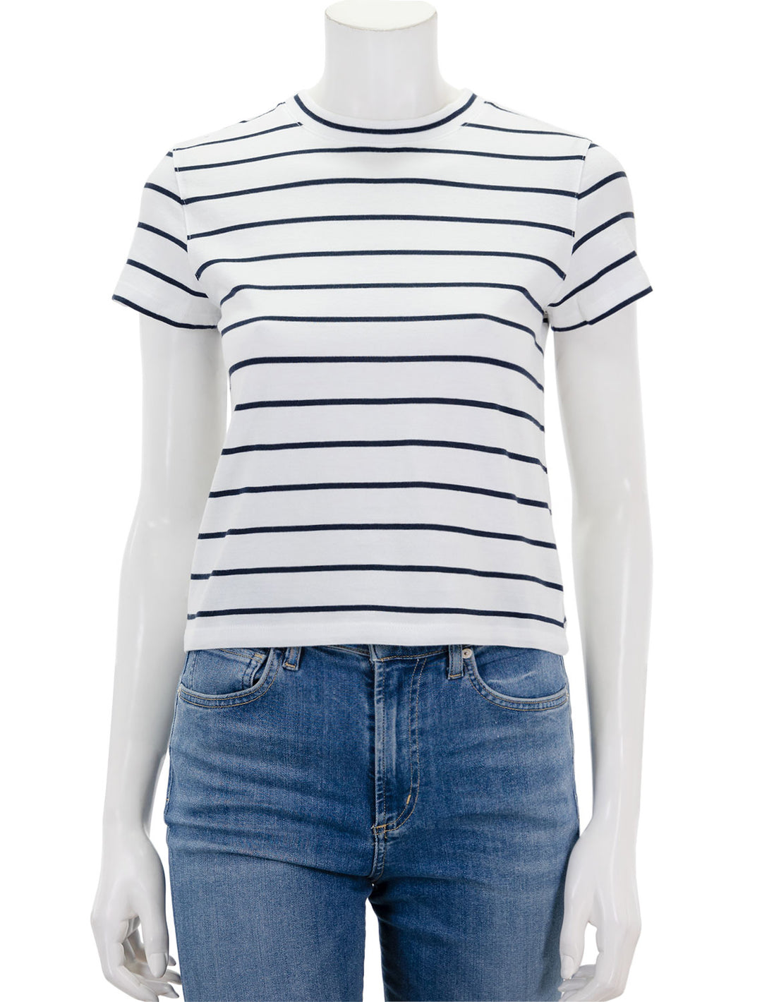 Front view of Patrick Assaraf's short sleeve organic cotton stripe high neck baby tee in white.