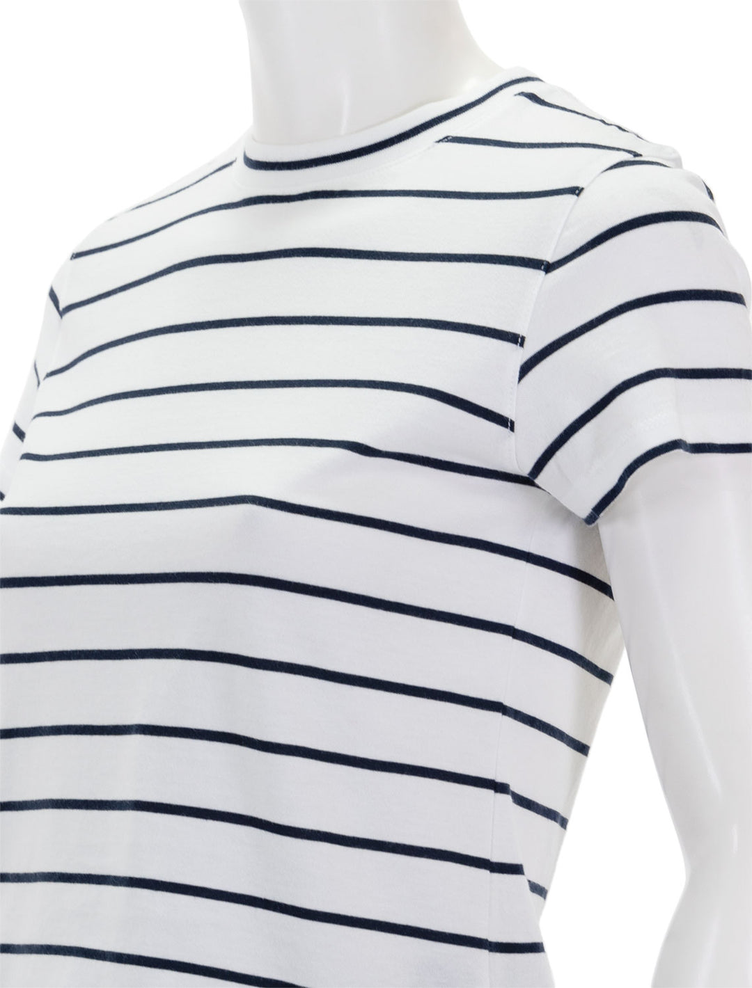 Close-up view of Patrick Assaraf's short sleeve organic cotton stripe high neck baby tee in white.