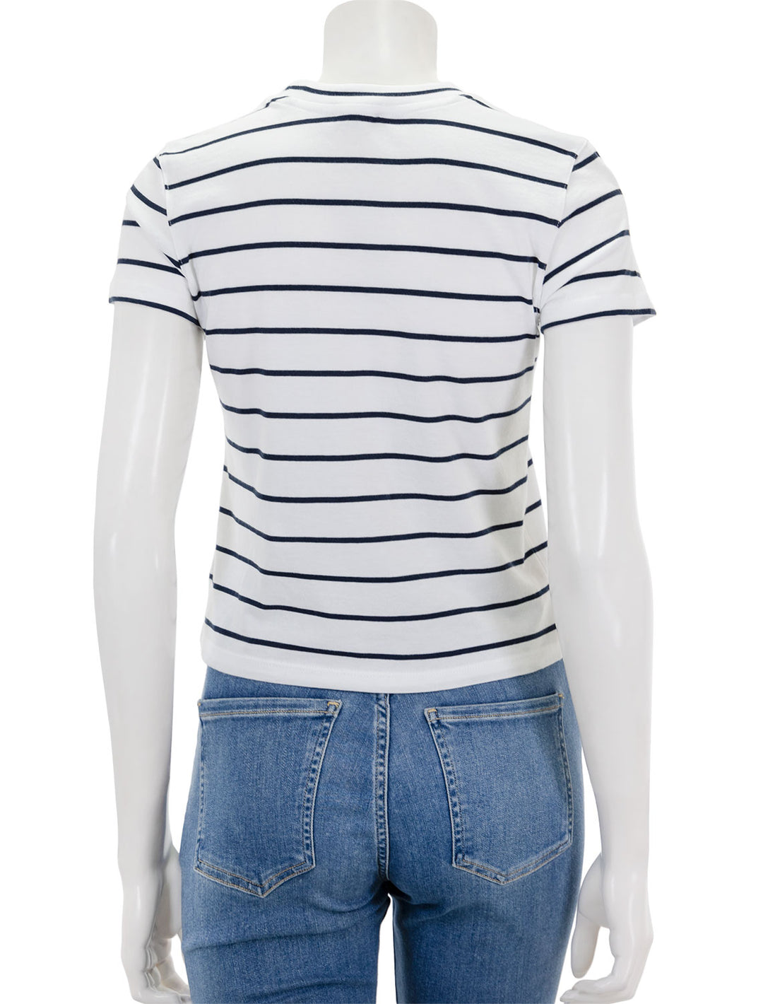 Back view of Patrick Assaraf's short sleeve organic cotton stripe high neck baby tee in white.