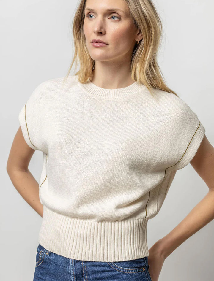 model wearing wedge pullover sweater in cream