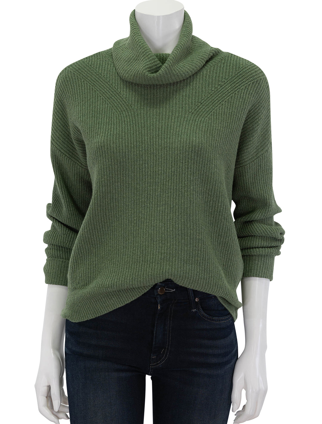 Front view of Lilla P.'s relaxed rib turtleneck sweater in wintergreen.