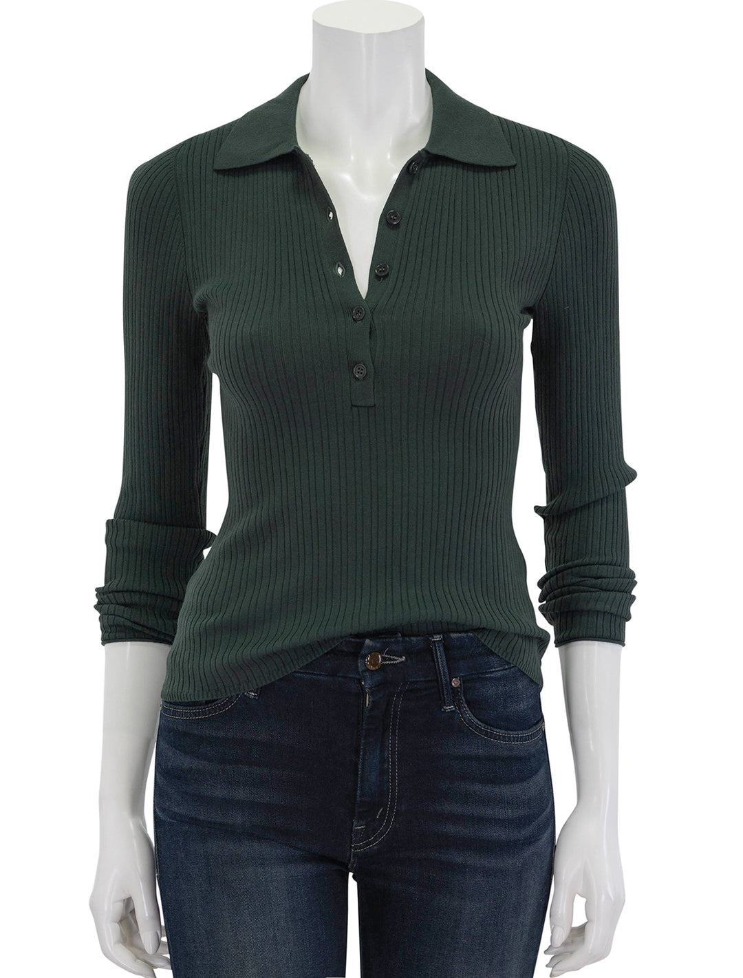 Front view of Lilla P.'s polo collar henley in loden.