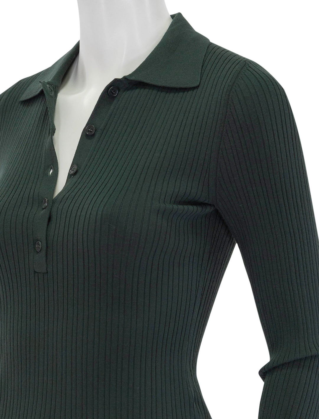 Close-up view of Lilla P.'s polo collar henley in loden.