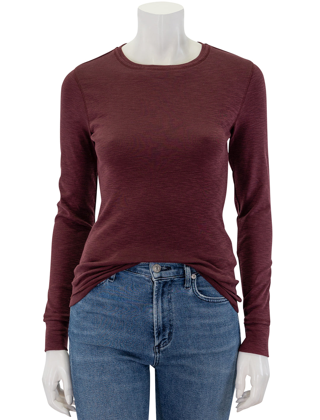 Front view of Lilla P.'s long sleeve raw edge crew in wine.