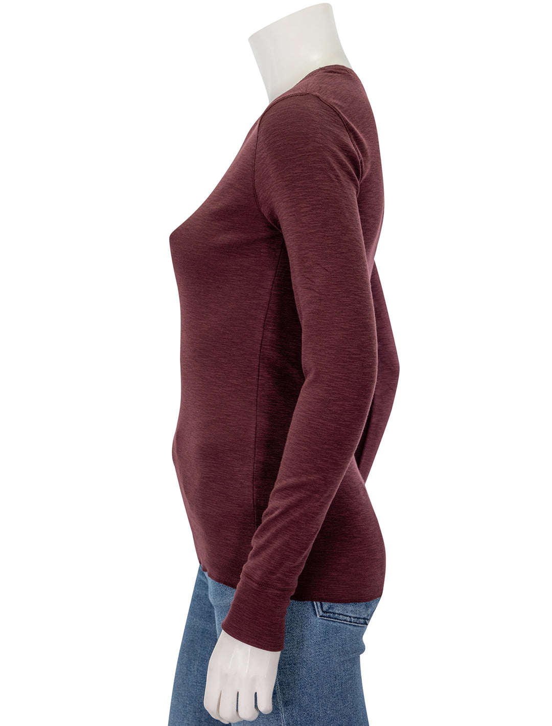 Side view of Lilla P.'s long sleeve raw edge crew in wine.