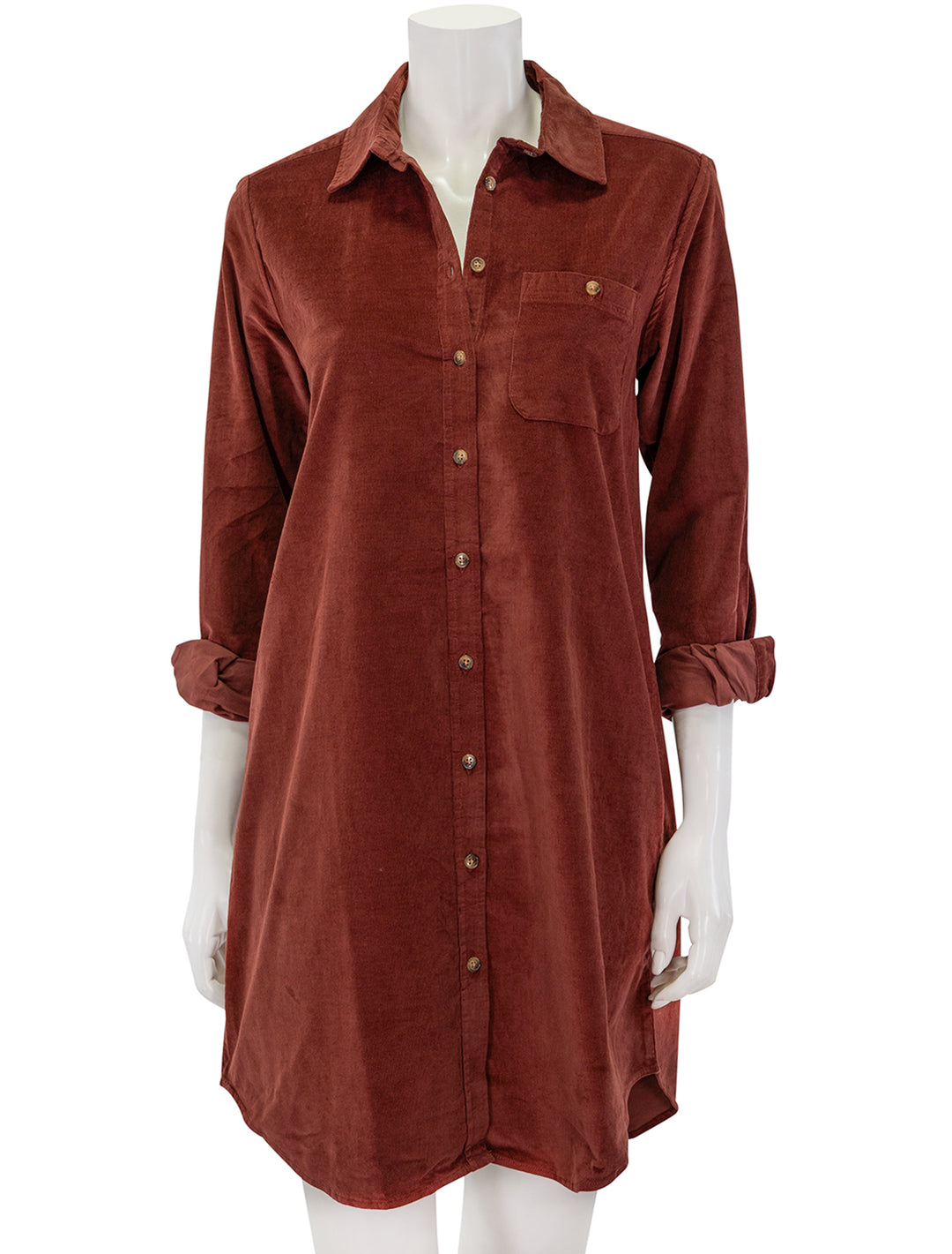 Front view of Lilla P.'s corduroy shirt dress in brandy.