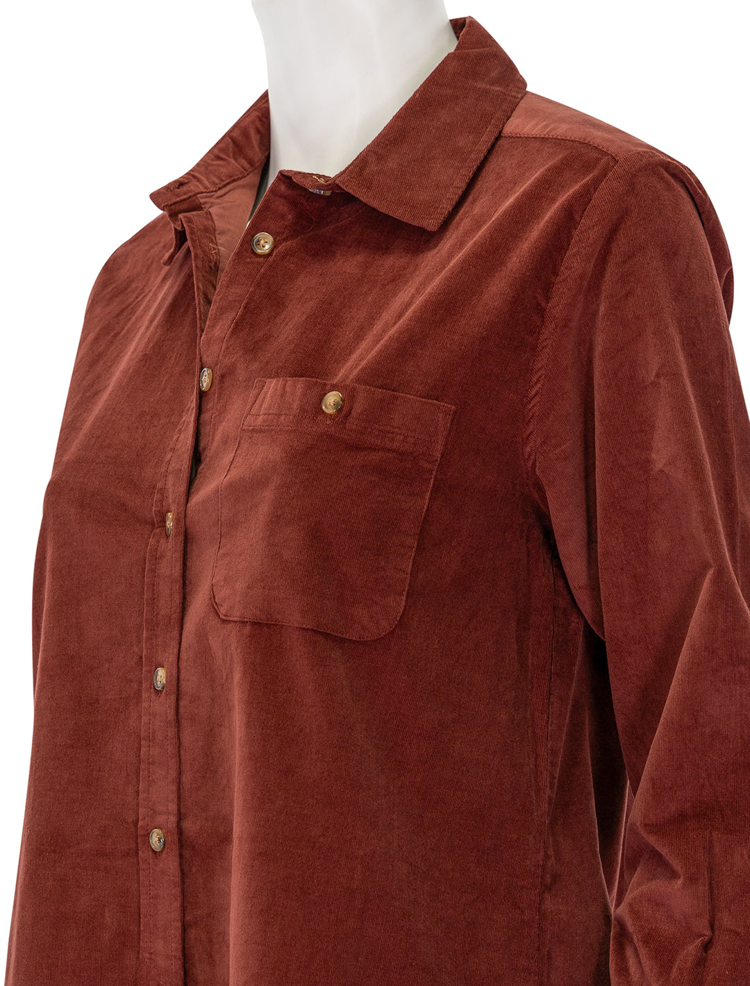 Close-up view of Lilla P.'s corduroy shirt dress in brandy.