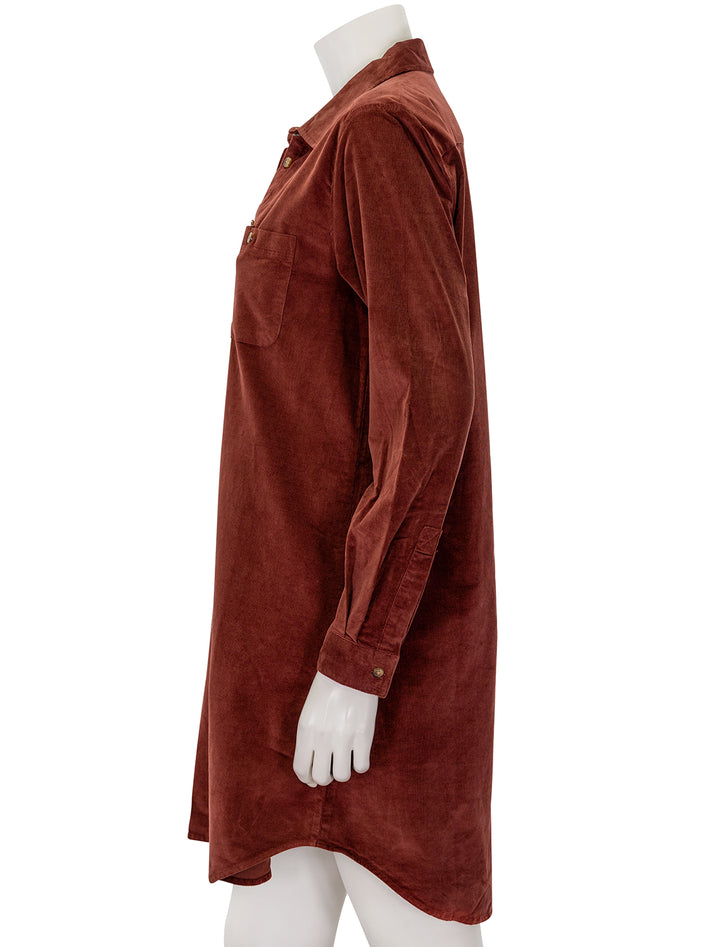 Side view of Lilla P.'s corduroy shirt dress in brandy.