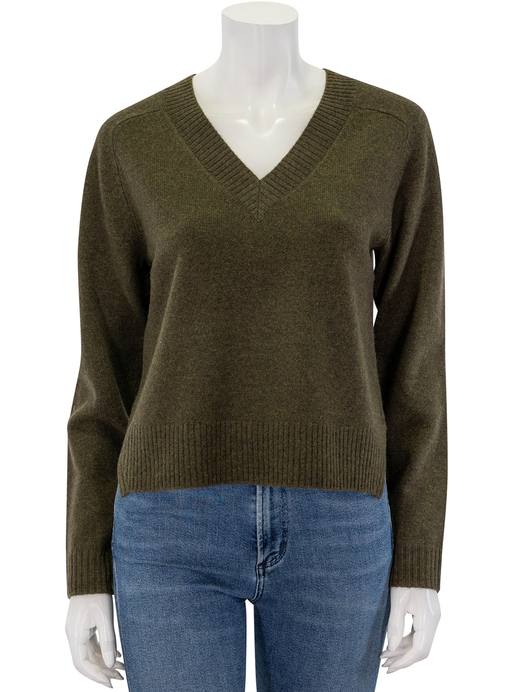 Front view of Lilla P.'s felted easy v-neck sweater in deep pine.