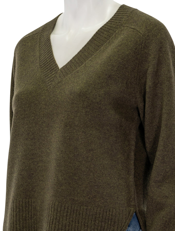 Close-up view of Lilla P.'s felted easy v-neck sweater in deep pine.