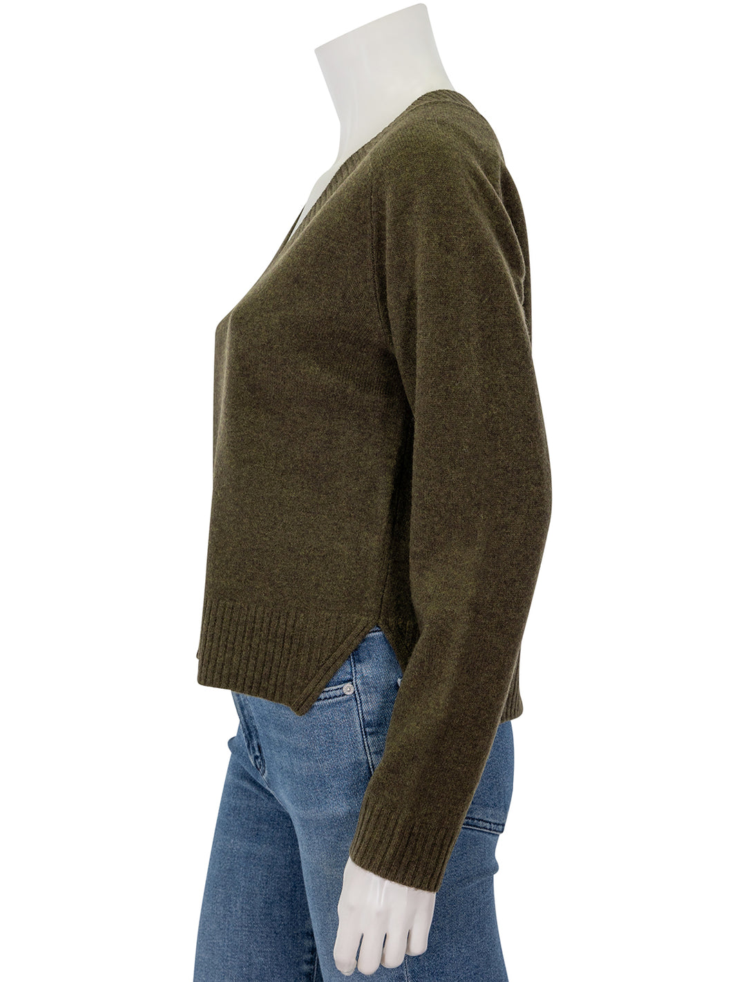 Side view of Lilla P.'s felted easy v-neck sweater in deep pine.