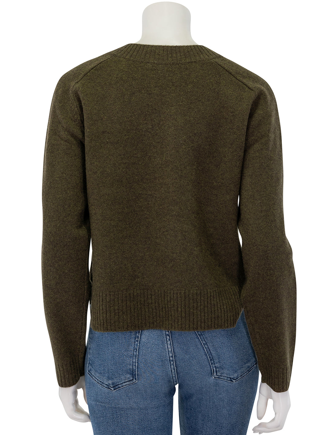 Back view of Lilla P.'s felted easy v-neck sweater in deep pine.