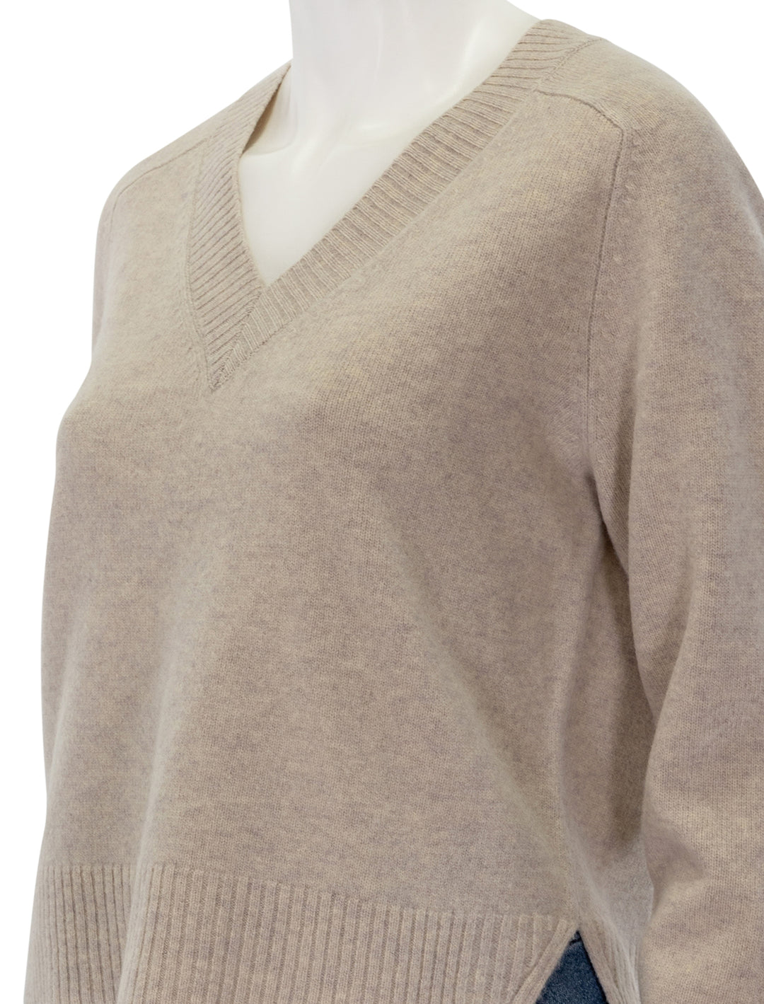 Close-up view of Lilla P.'s felted easy v-neck sweater in birch.