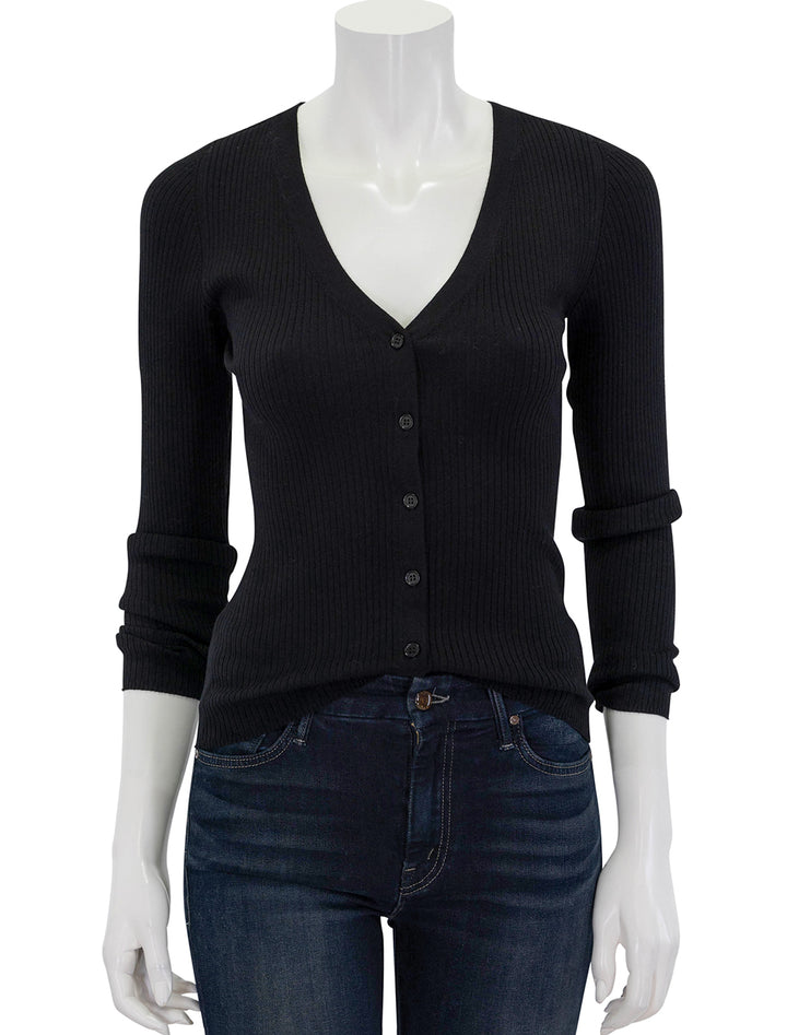 Front view of Lilla P.'s ribbed cardigan sweater in black.