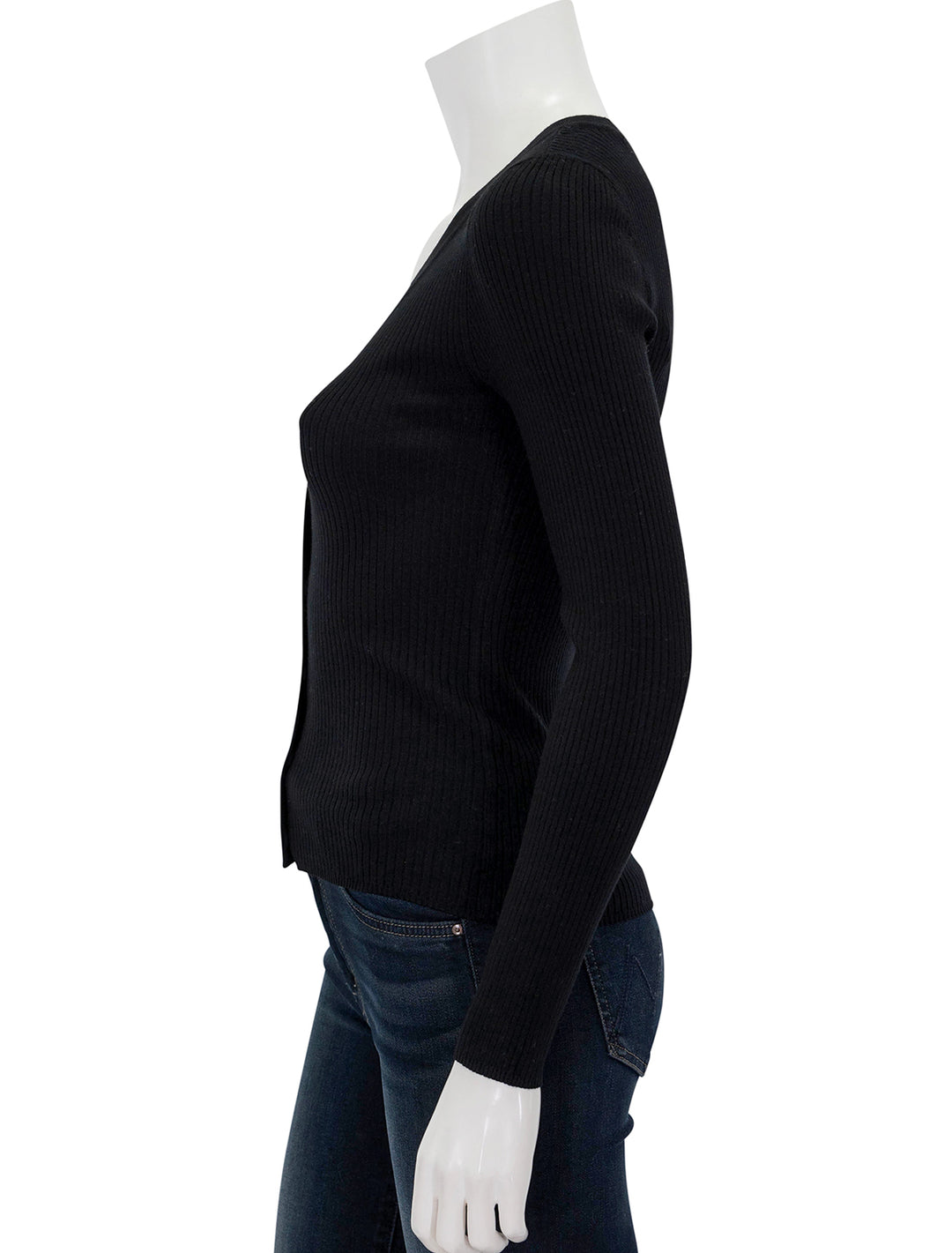 Side view of Lilla P.'s ribbed cardigan sweater in black.