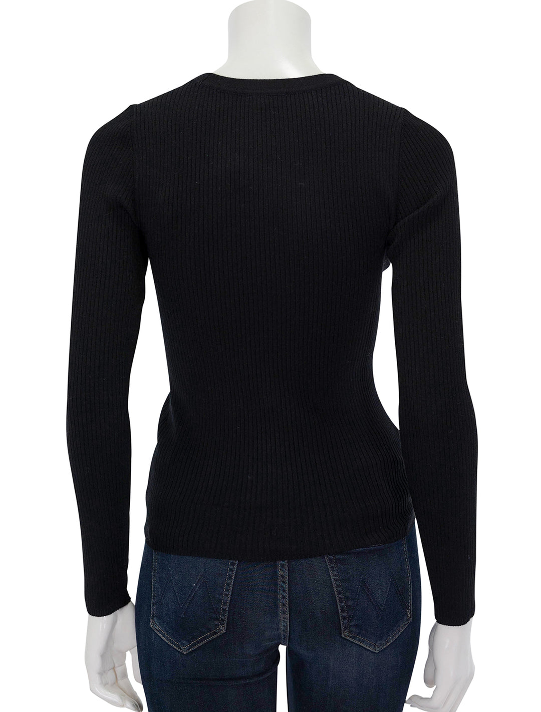 Back view of Lilla P.'s ribbed cardigan sweater in black.