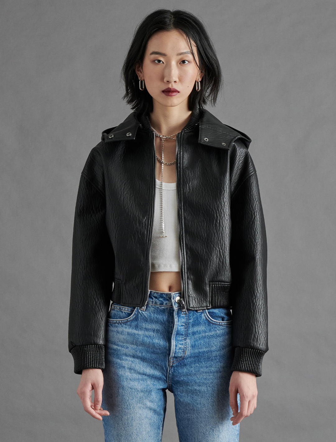 Model wearing Steve Madden's Zephyra Jacket in Black.