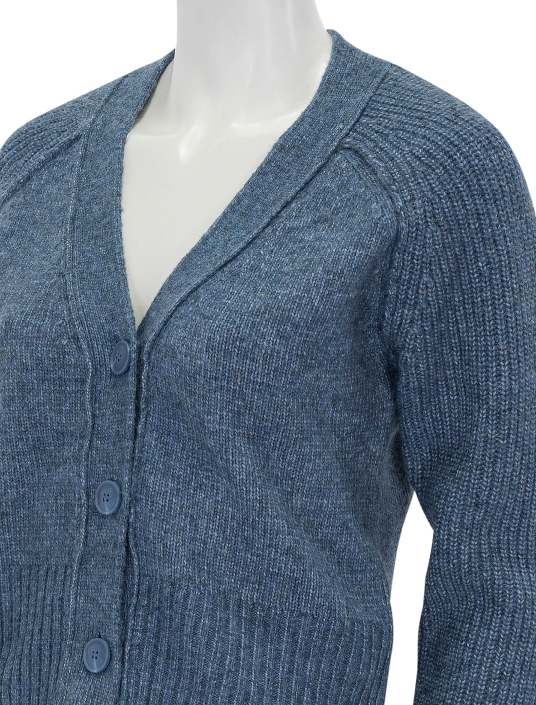 Close-up view of Steve Madden's beckie cardigan in blue dusk.