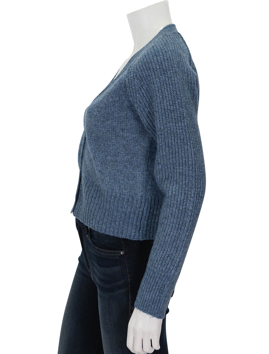 Side view of Steve Madden's beckie cardigan in blue dusk.