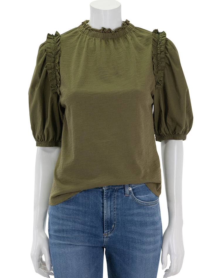 front view of roya ruched neck top in capers